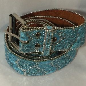 Embroidered glitter lace leather belt baby blue XL